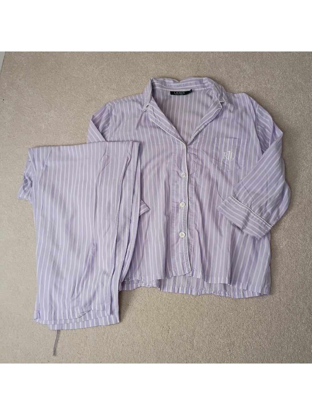 Lauren Ralph Lauren Lavender & White Stripe Pajama Set Women’s L Cotton Logo